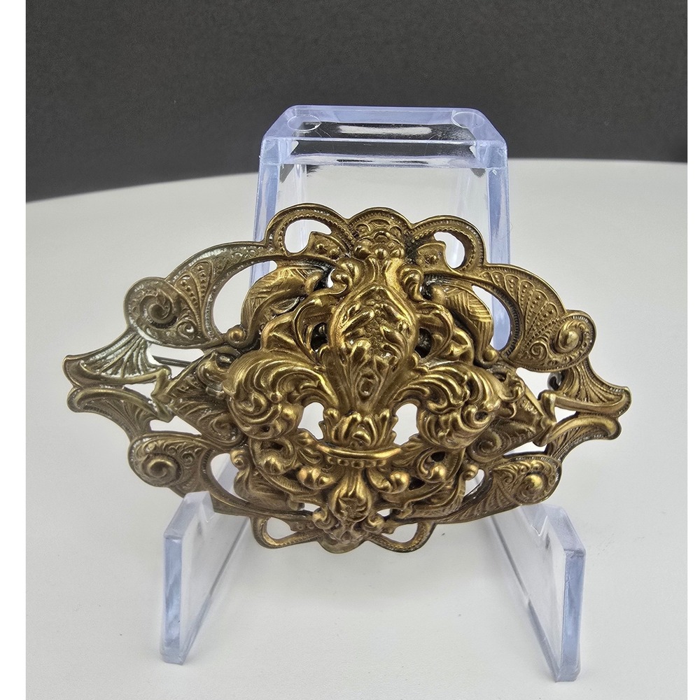 Vintage Estate Brooch Gold Tone Ornate Filigree Art Nouveau Sash Pin 3.25in